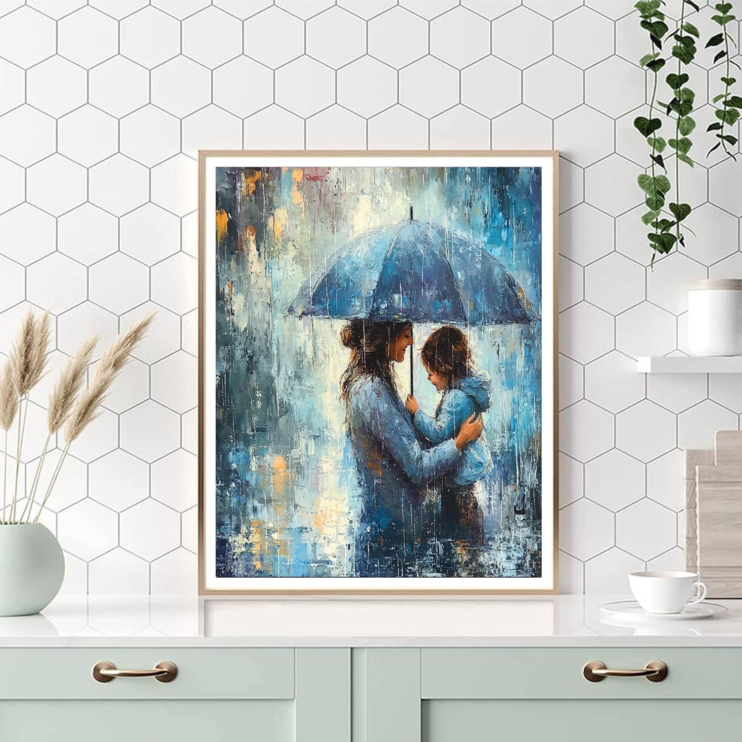 A Mother's Embrace In The Rain Number Painting