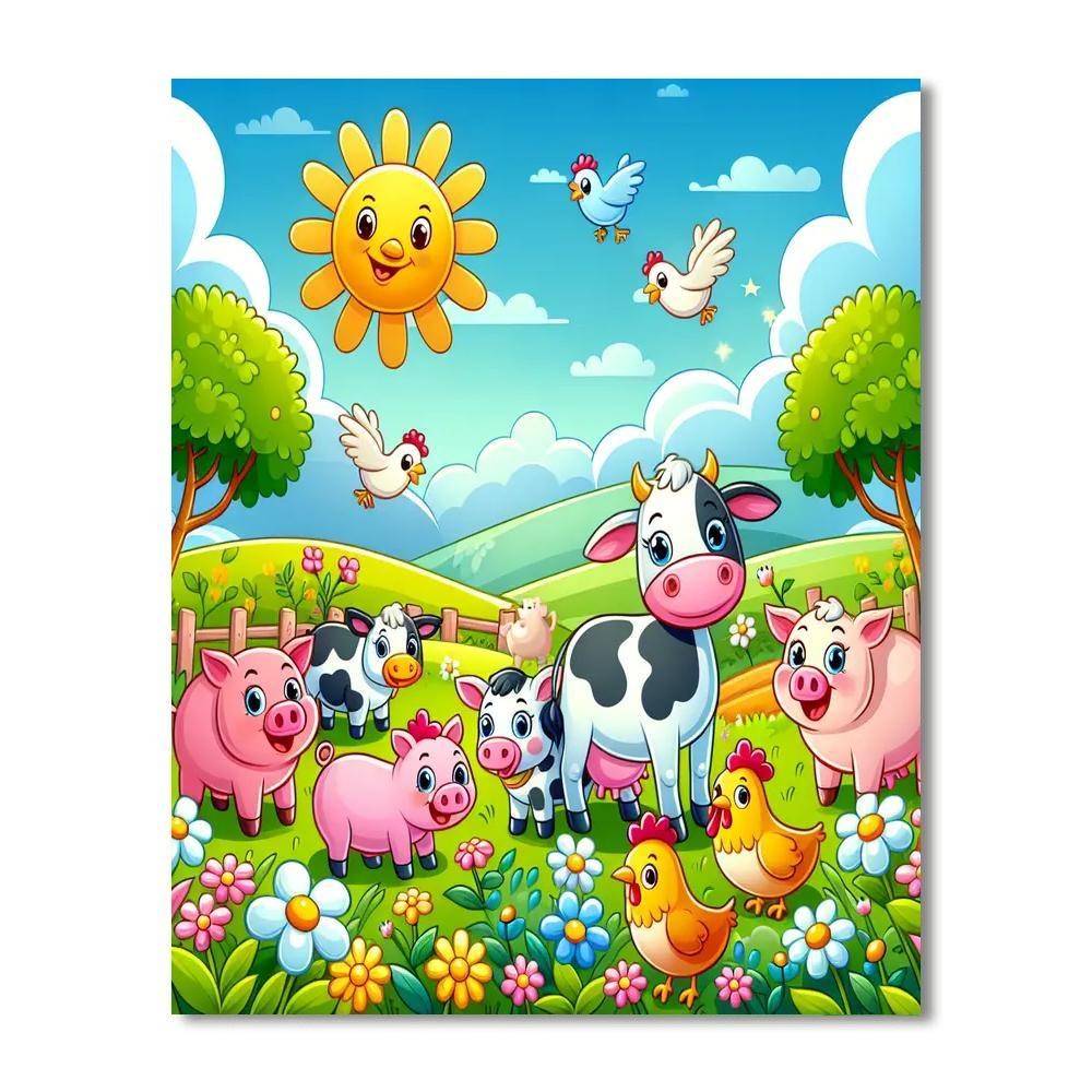 Colorful Farm Animals In The Field Painting By Numbers Kit