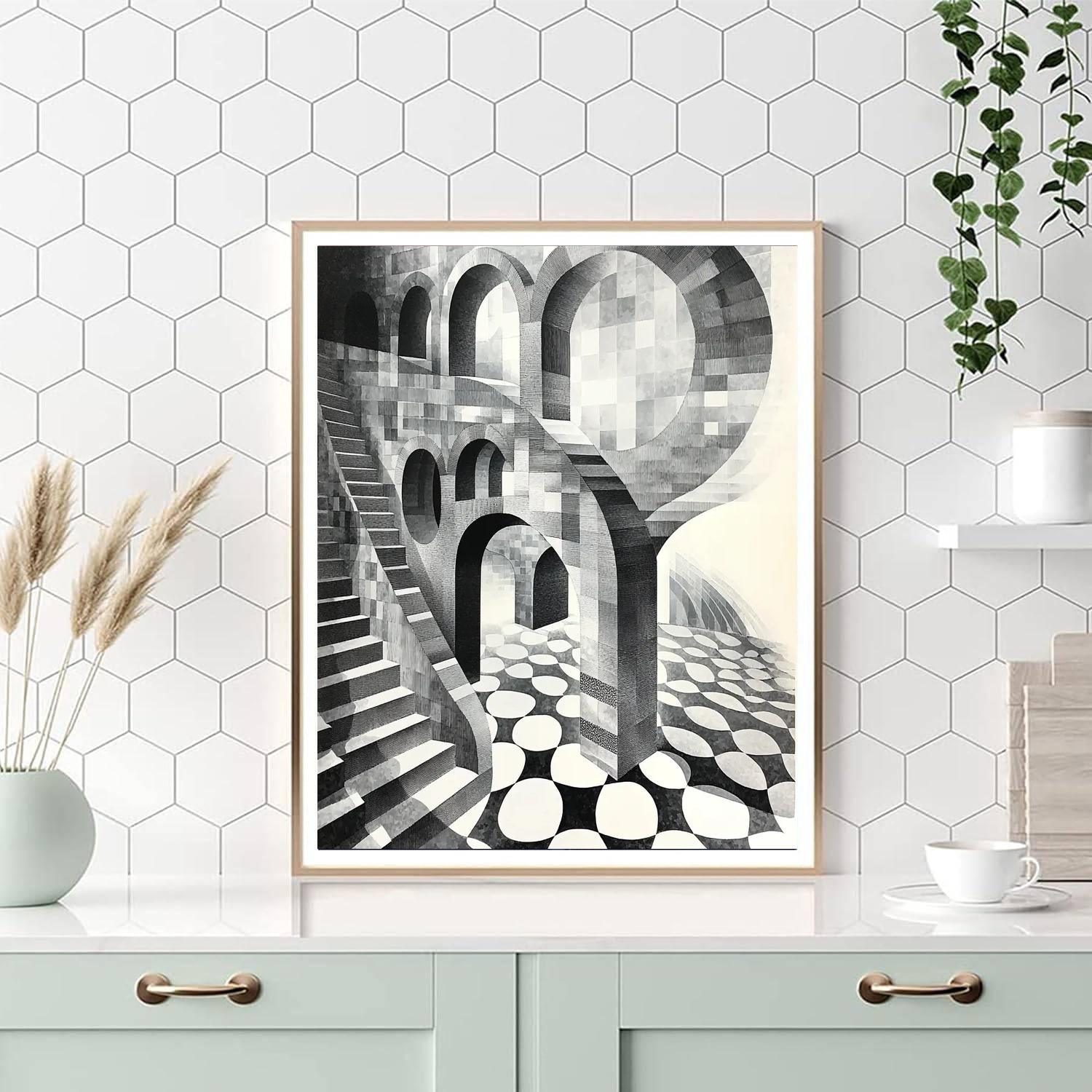 M.C. Escher Inspired Geometric Reverie  Number Painting