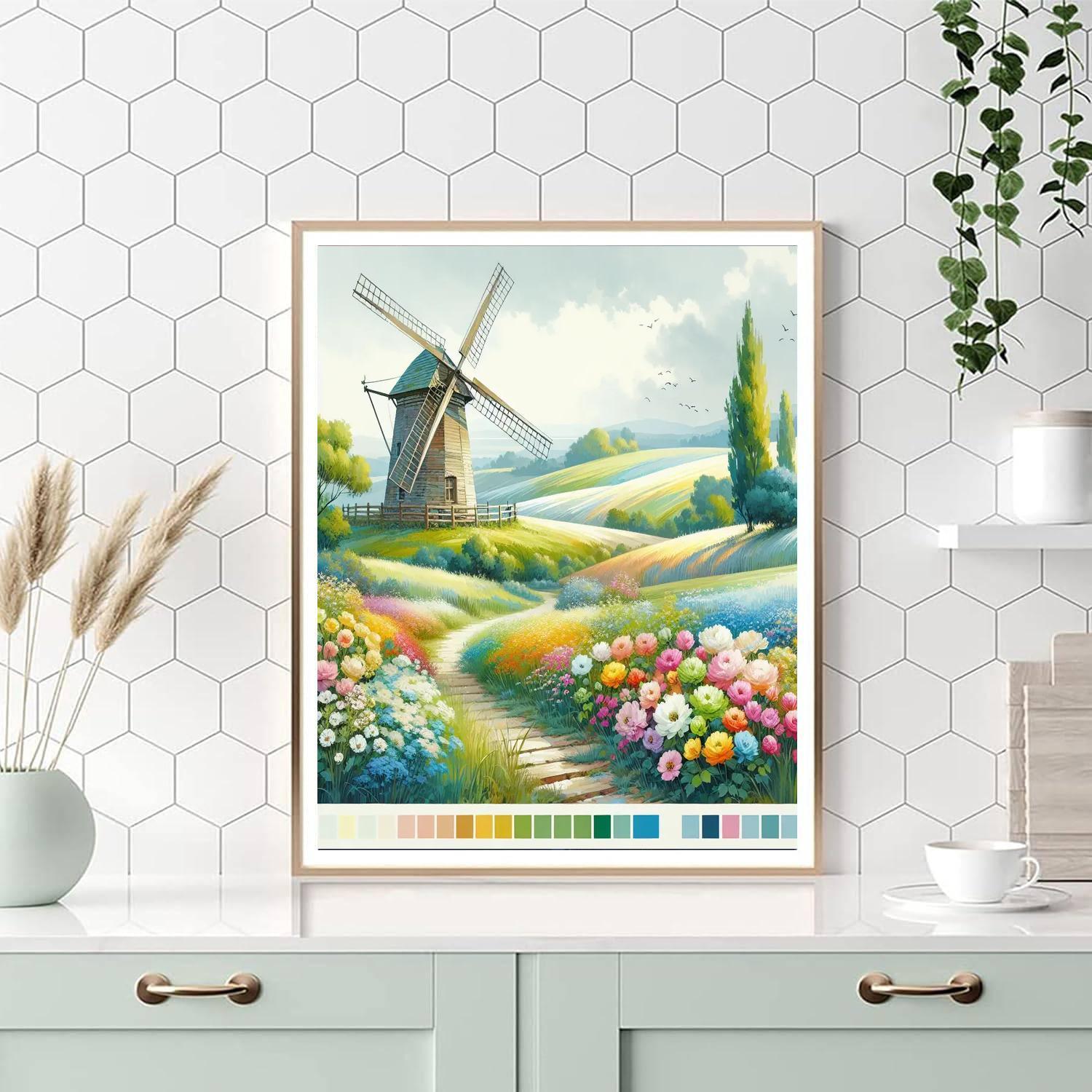 Breezy Windmill Landscape Paint By Number
