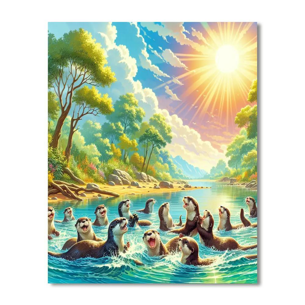 Playful Otters In River Scene Painting Number Kit