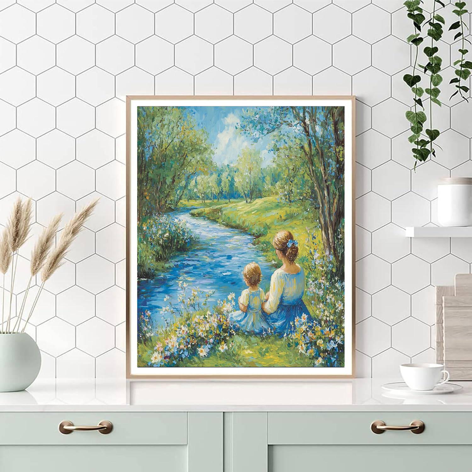 Mother And Child By The River Painting Number Kit