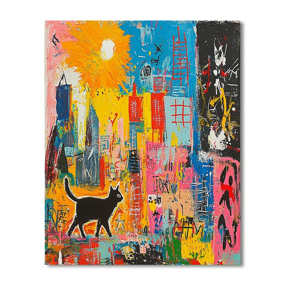 Jean-Michel Basquiat Inspired Whimsical Cat Stroll  Paint By Number