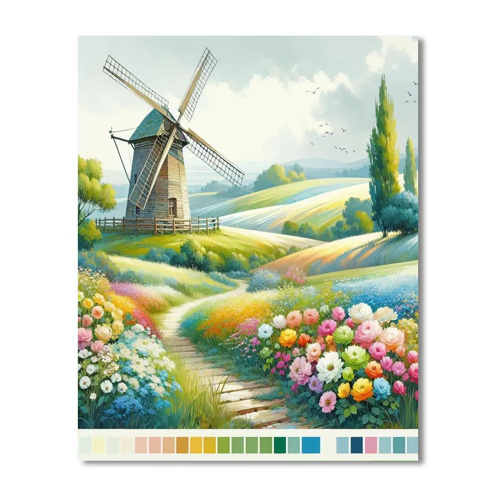 Breezy Windmill Landscape Paint By Number