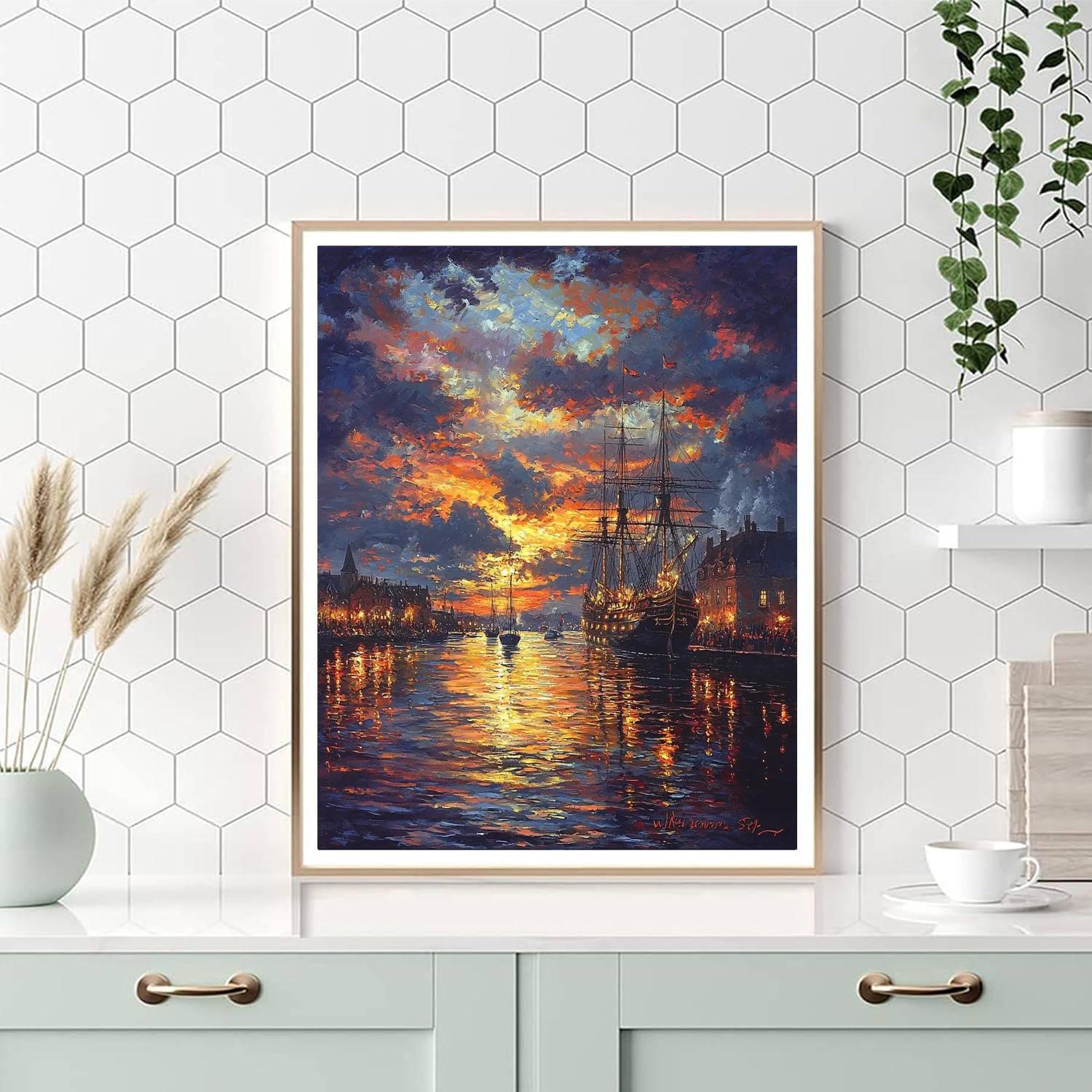William Turner Inspired Harbor Lights Reflections  Number Painting