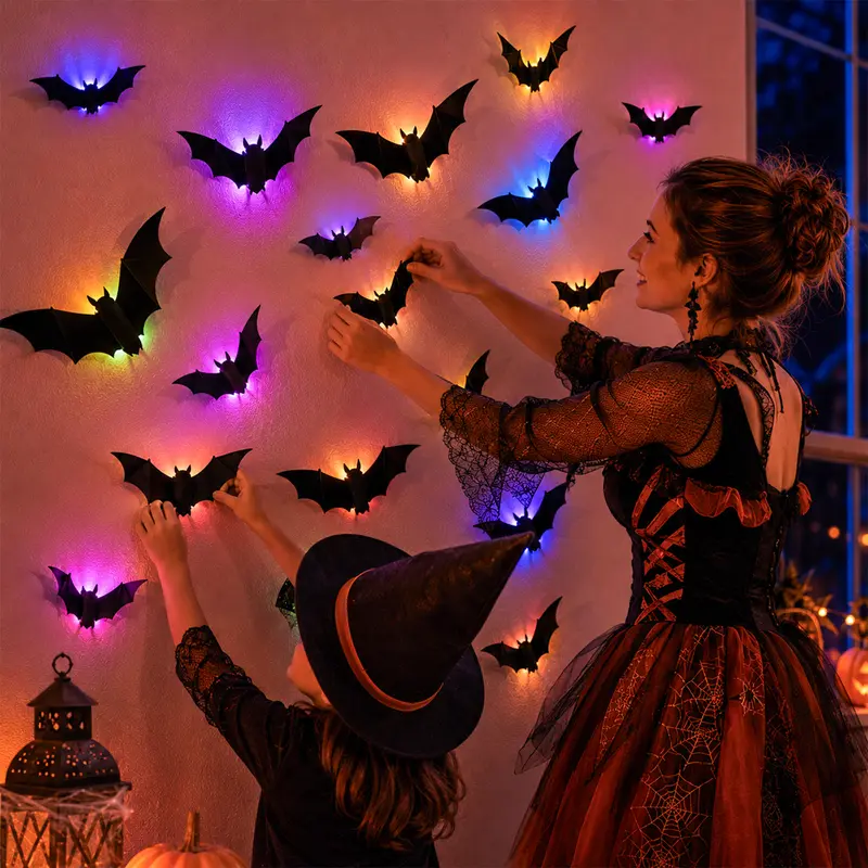 Halloween Themed 3D Bat Wall Sticker With LED Lights And Timer Remote
