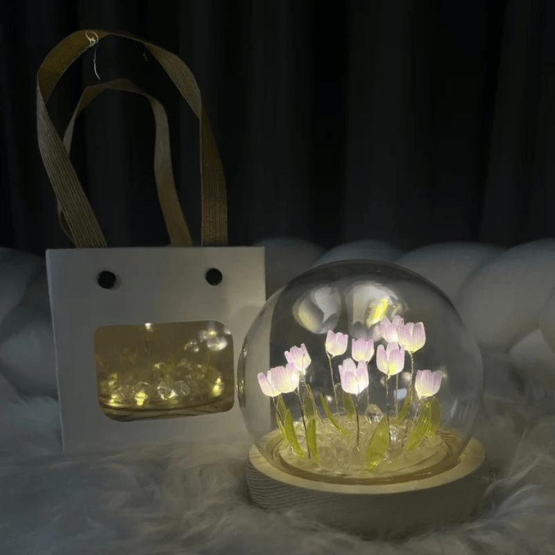 Glass Dome Tulip Lamp – Elegant Floral Night Light Decoration-Solar Wind LED Chime
