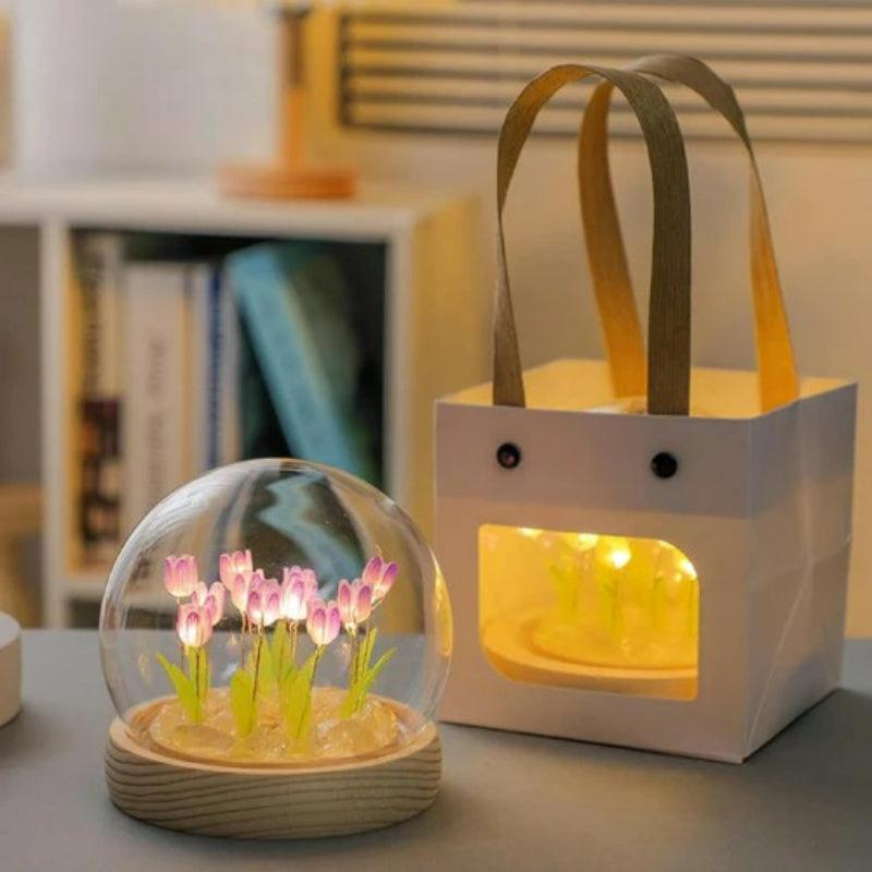Glass Dome Tulip Lamp – Elegant Floral Night Light Decoration-Solar Wind LED Chime