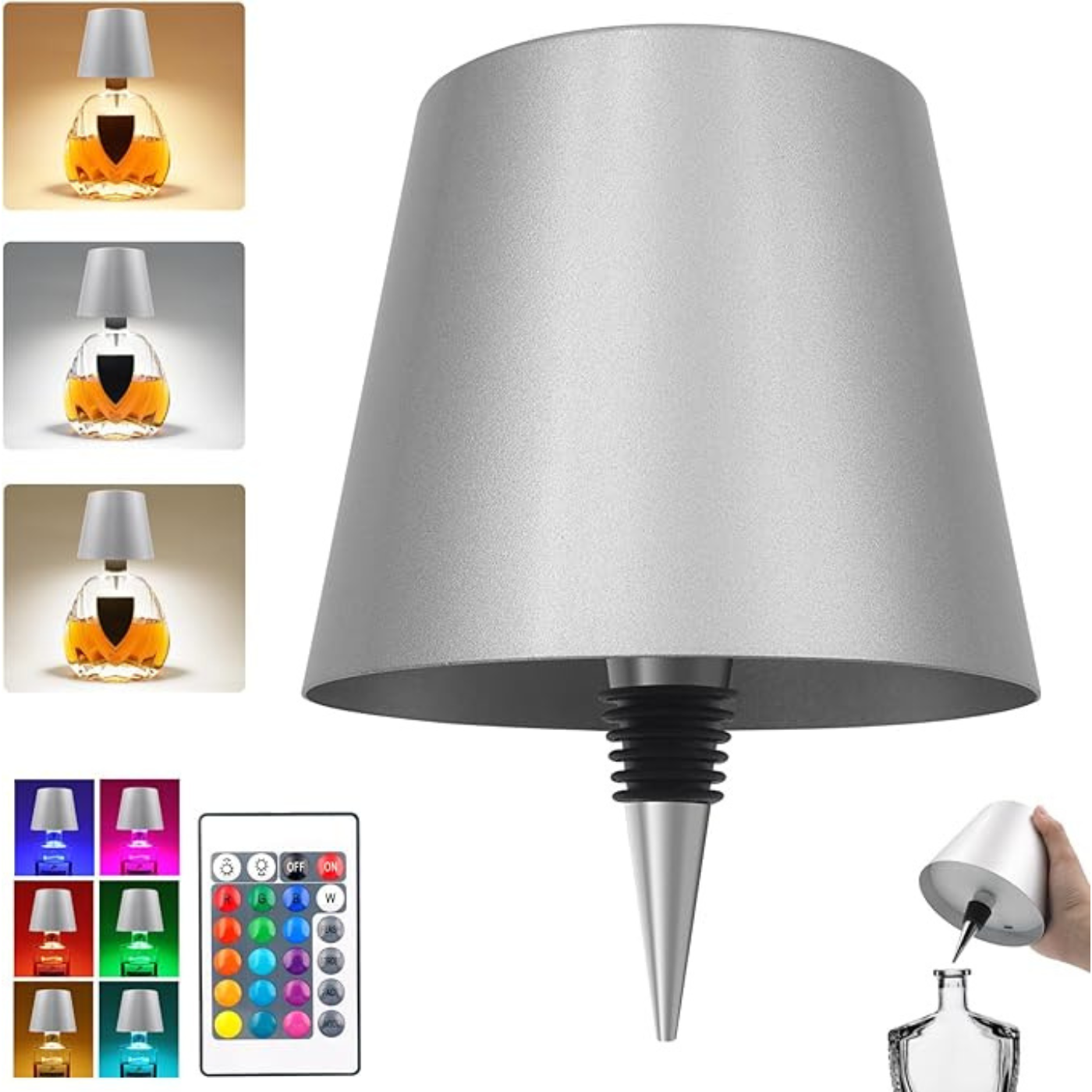 Wireless Bottle Lamp Metal Wine Bottle Light With 3 Color Light Dimming