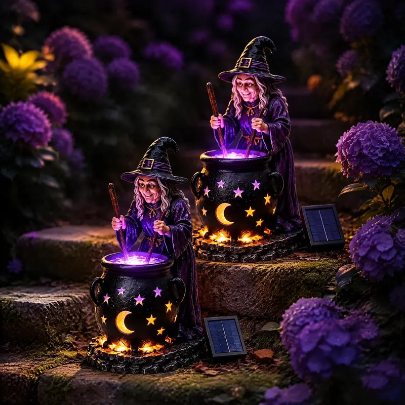 Solar Powered Cauldron Statue LED Light For Halloween Outdoor Decor