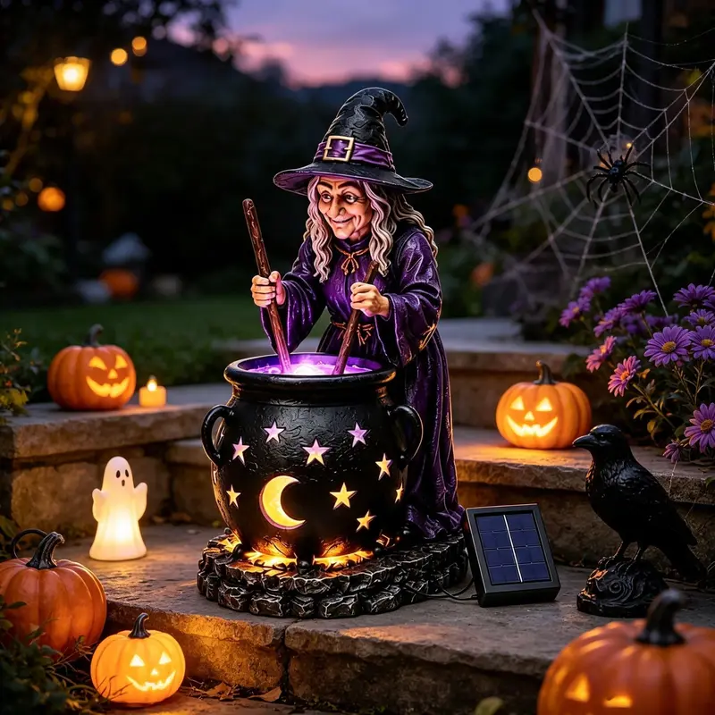 Solar Powered Cauldron Statue LED Light For Halloween Outdoor Decor