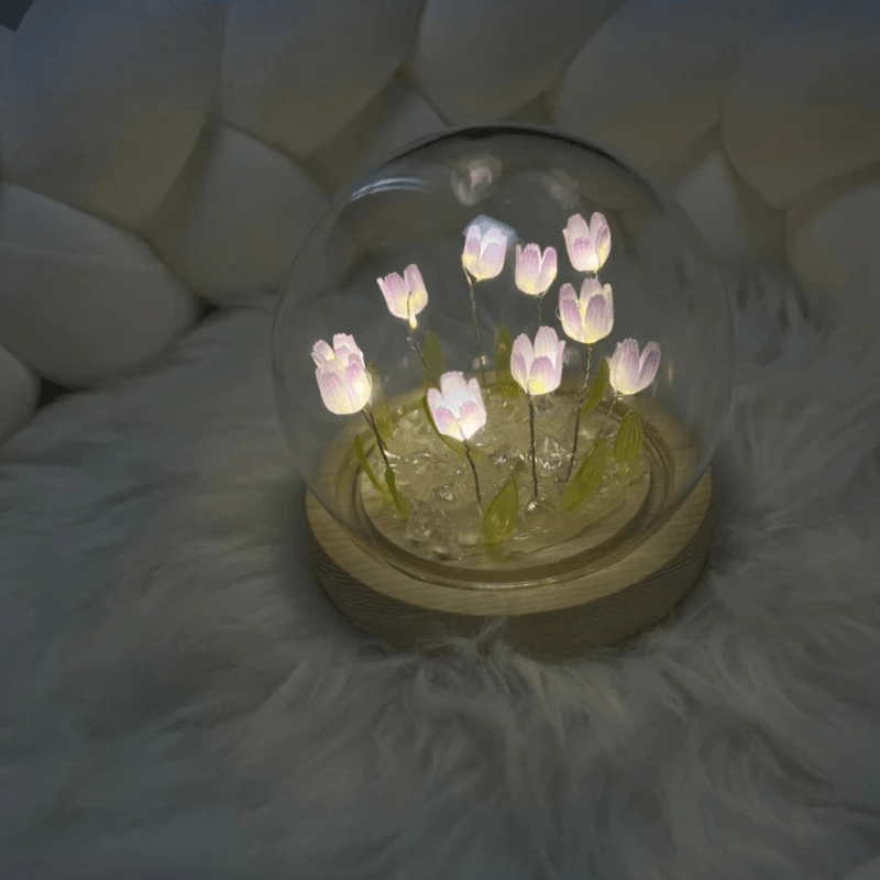 Glass Dome Tulip Lamp – Elegant Floral Night Light Decoration-Solar Wind LED Chime