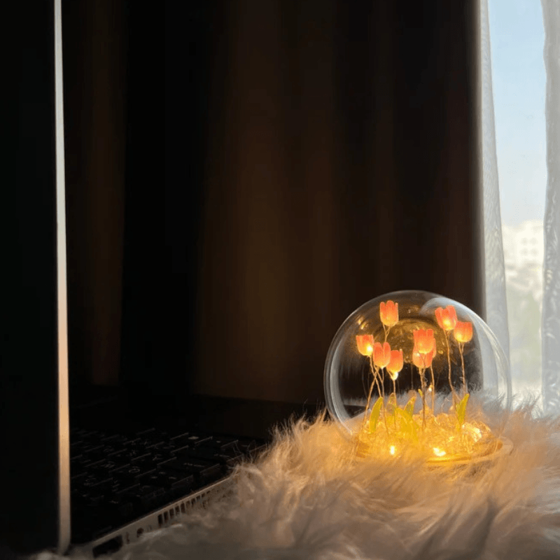 Glass Dome Tulip Lamp – Elegant Floral Night Light Decoration-Solar Wind LED Chime