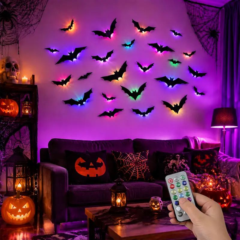 Halloween Themed 3D Bat Wall Sticker With LED Lights And Timer Remote