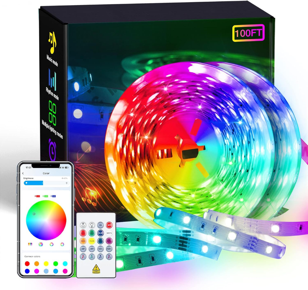 100FT RGB LED Strip Lights With APP Control Remote And Music Sync For Party Room Decor