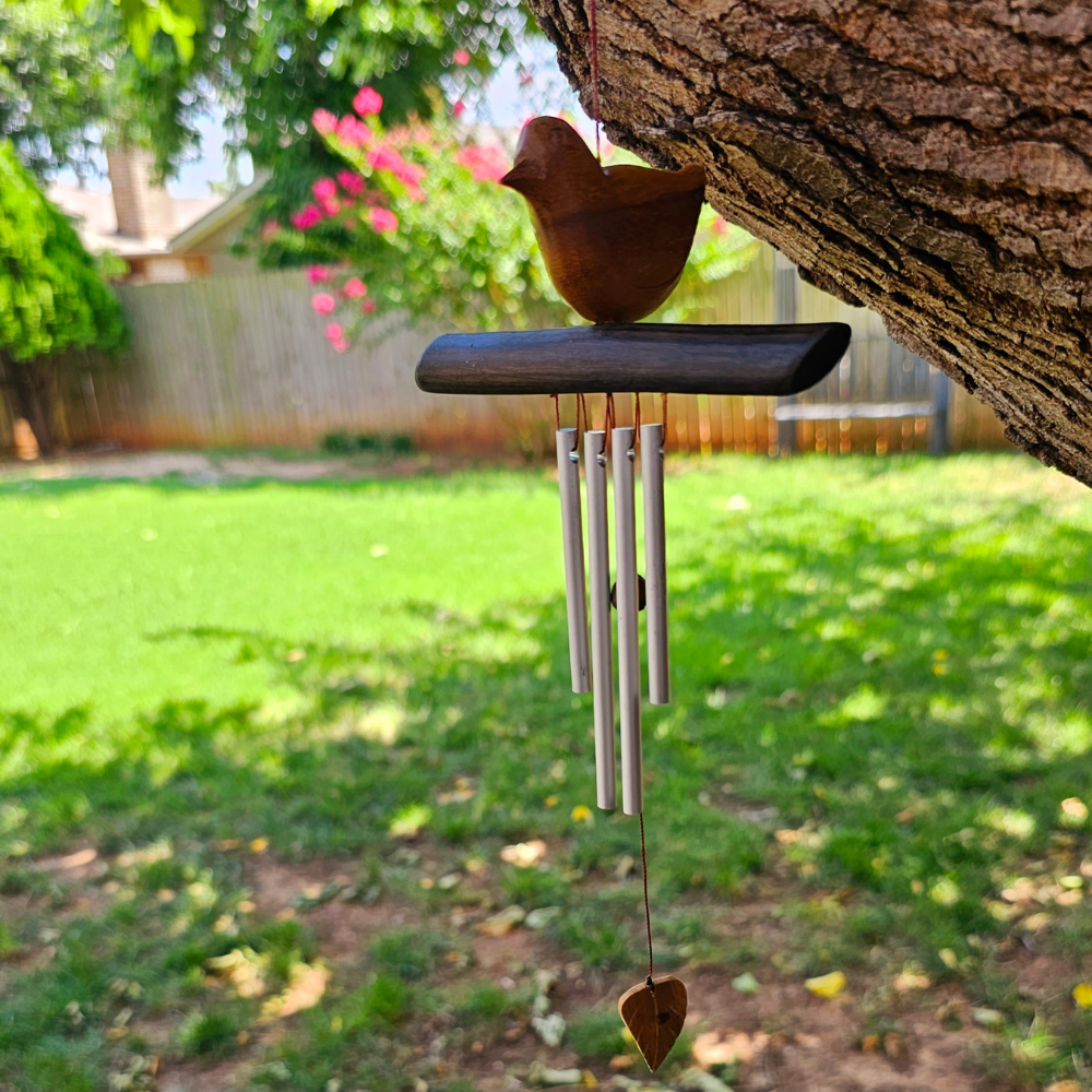 Handmade Wood Mini Wind Chime With Sparrow Song-Solar Wind LED Chime