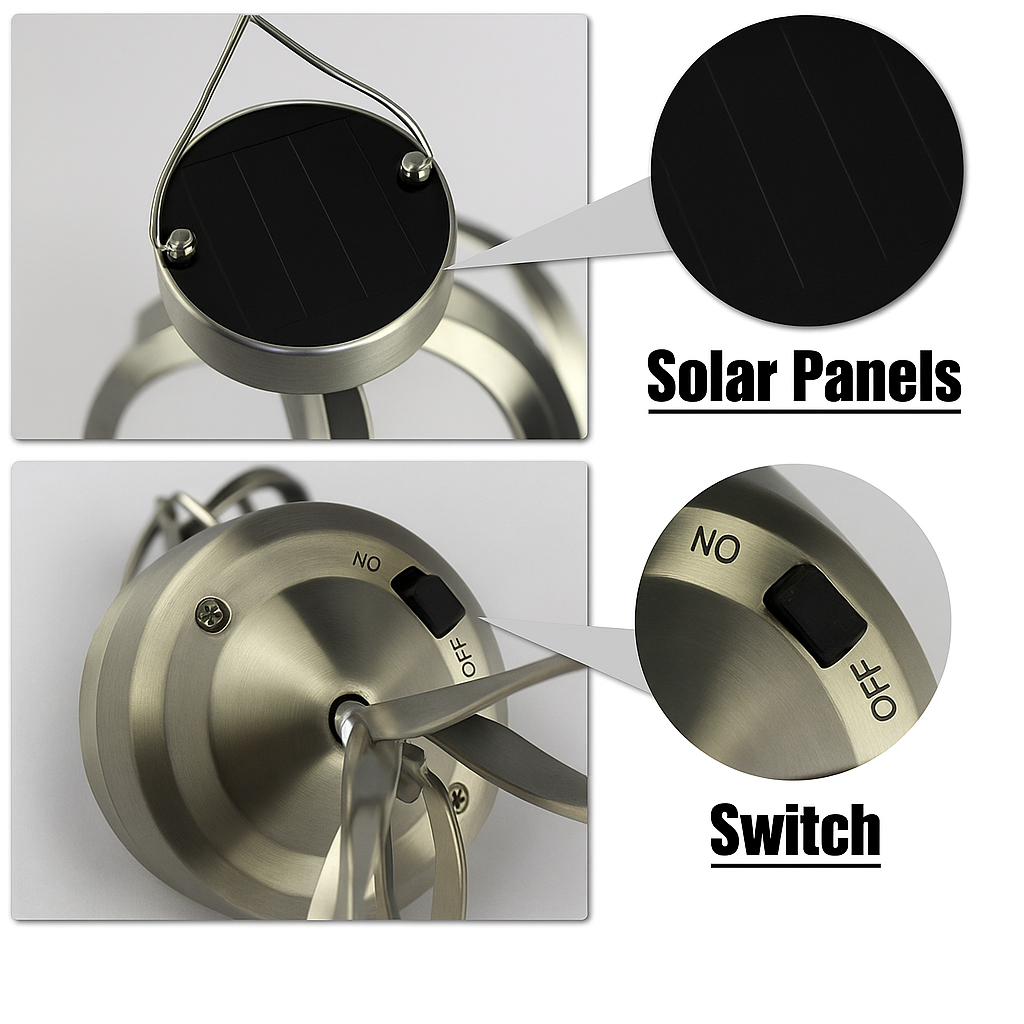 Close-up images of a solar-powered decorative light showing two main features: the black circular solar panel on the top for energy absorption, and a built-in switch at the bottom labeled 'NO' and 'OFF' for controlling the light operation. Text labels 'Solar Panels' and 'Switch' highlight the respective parts.
