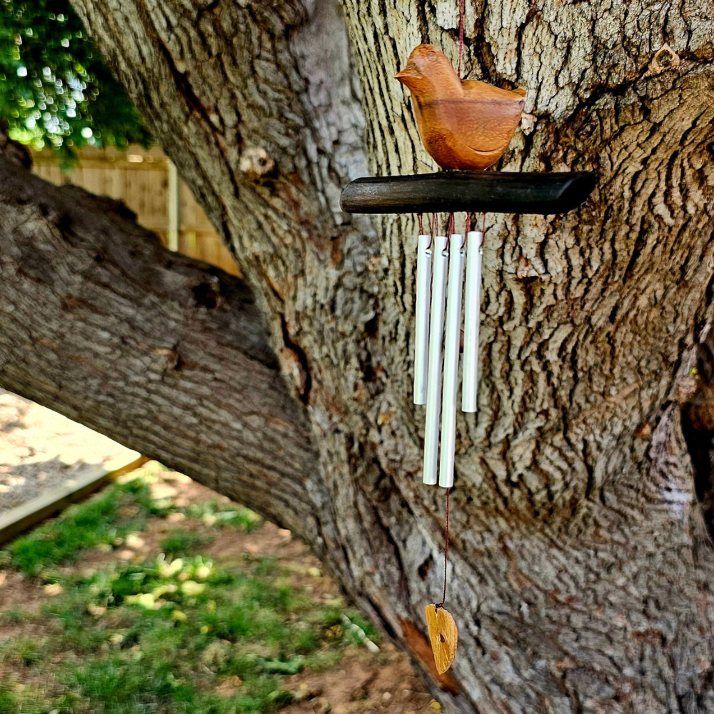 Handmade Wood Mini Wind Chime With Sparrow Song-Solar Wind LED Chime