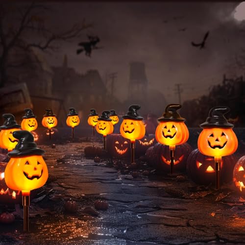 Pack Of 6 Solar Jack O Lantern Stake String Lights For Halloween Pathway Decor  