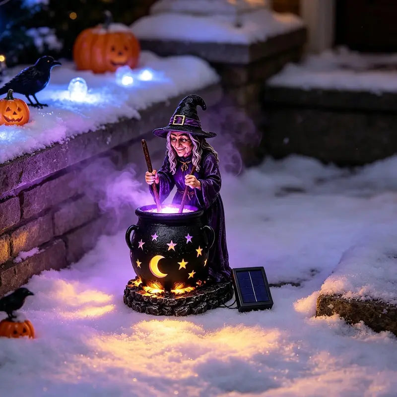 Solar Powered Cauldron Statue LED Light For Halloween Outdoor Decor