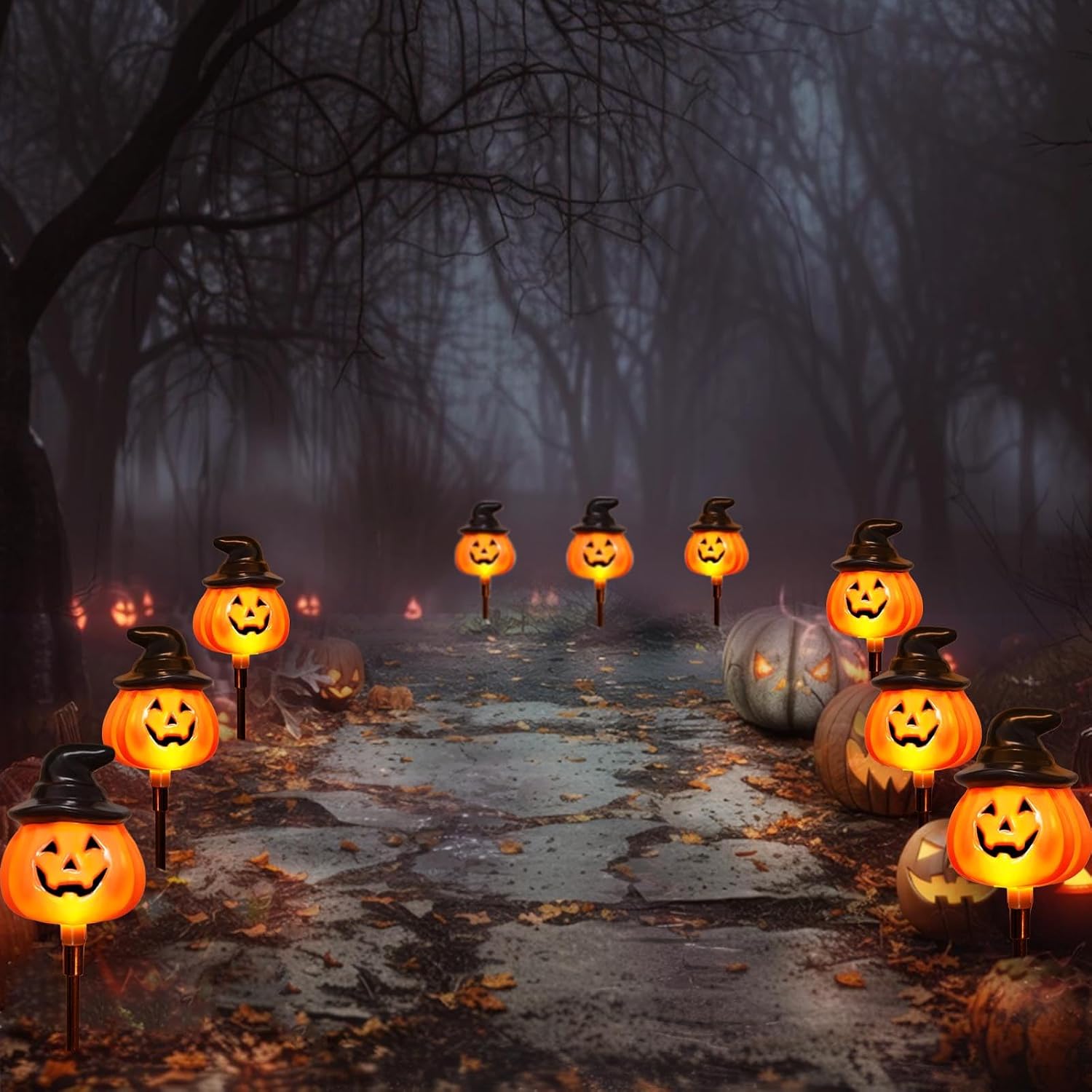 Pack Of 6 Solar Jack O Lantern Stake String Lights For Halloween Pathway Decor  