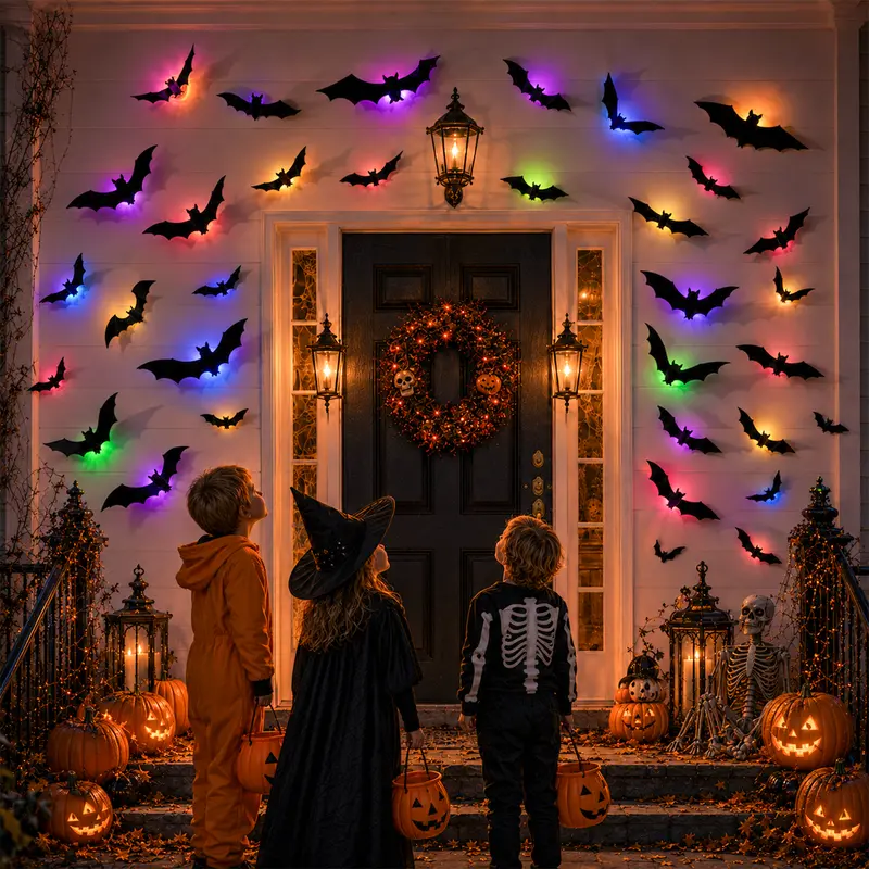 Halloween Themed 3D Bat Wall Sticker With LED Lights And Timer Remote