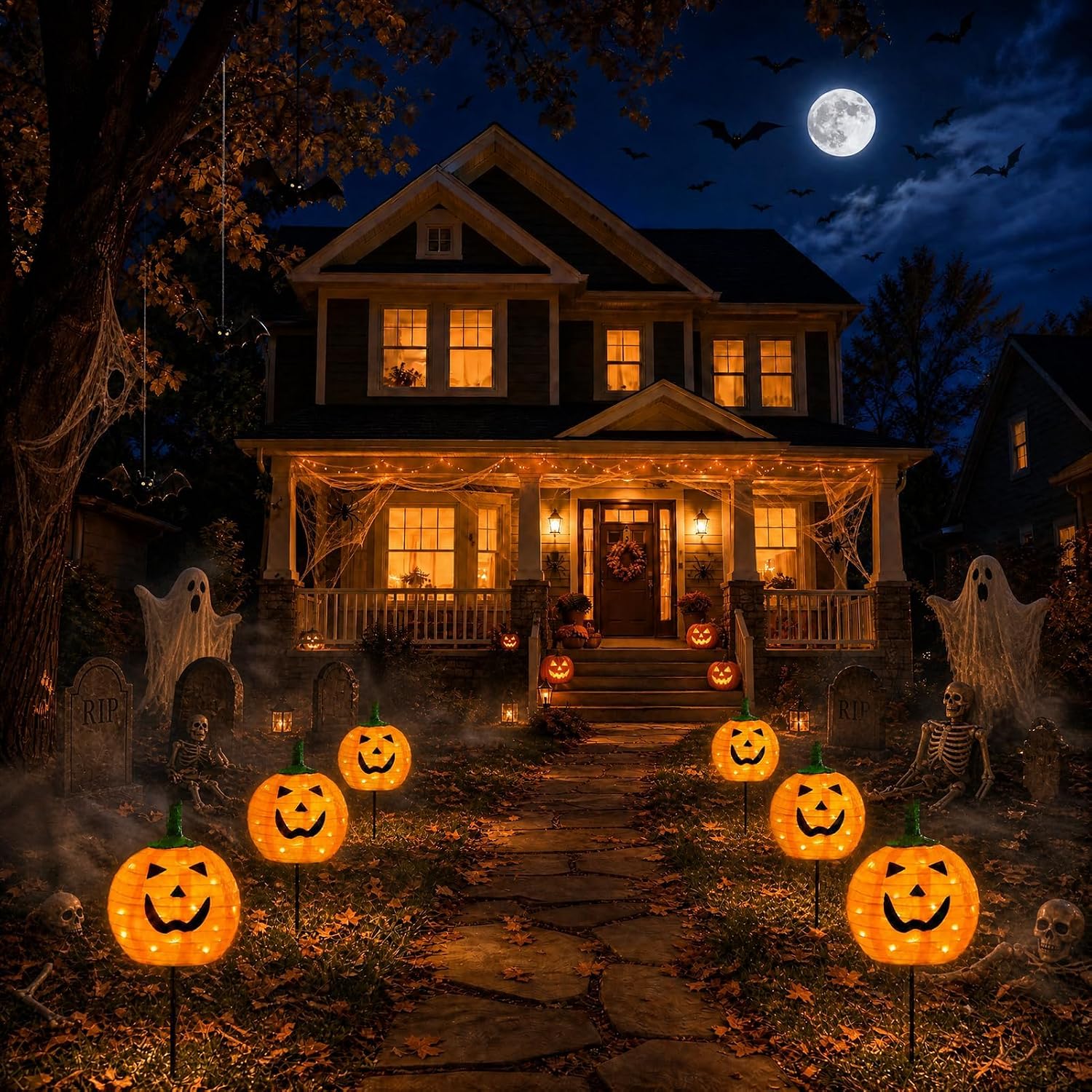 Halloween Themed Solar Pumpkin Pathway Stake Lights For Outdoor Yard Display