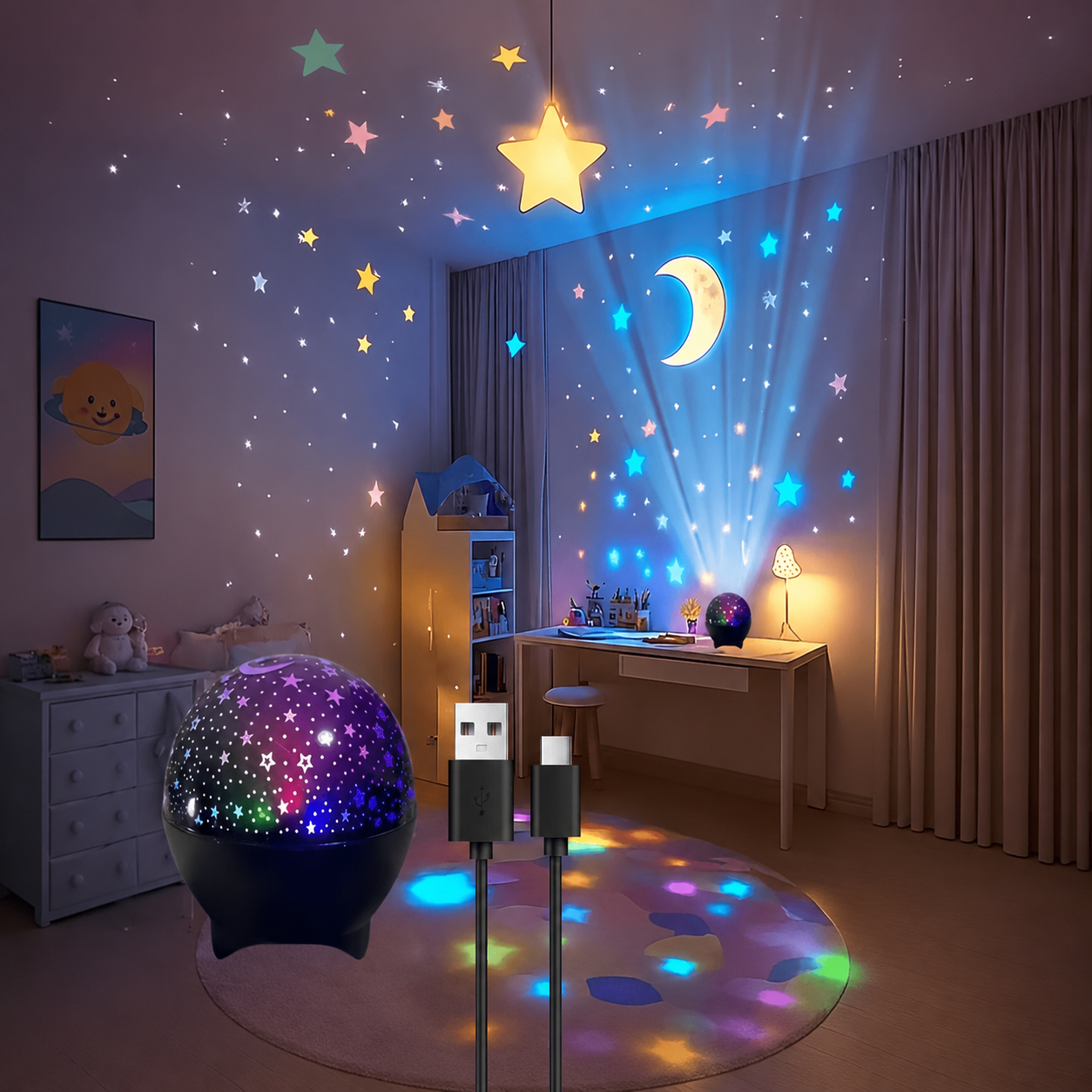USB Powered Color Changing Starry Sky Moon And Stars LED Night Light