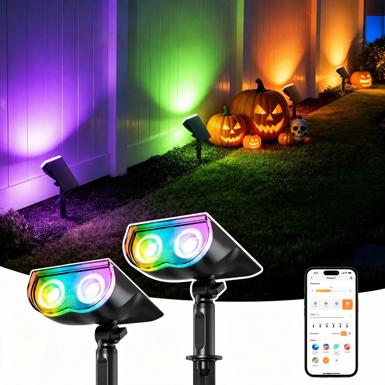 Pack Of 8 Smart Solar Landscape Halloween Themed RGB Spotlights And Pathlights With App Control And Color Modes