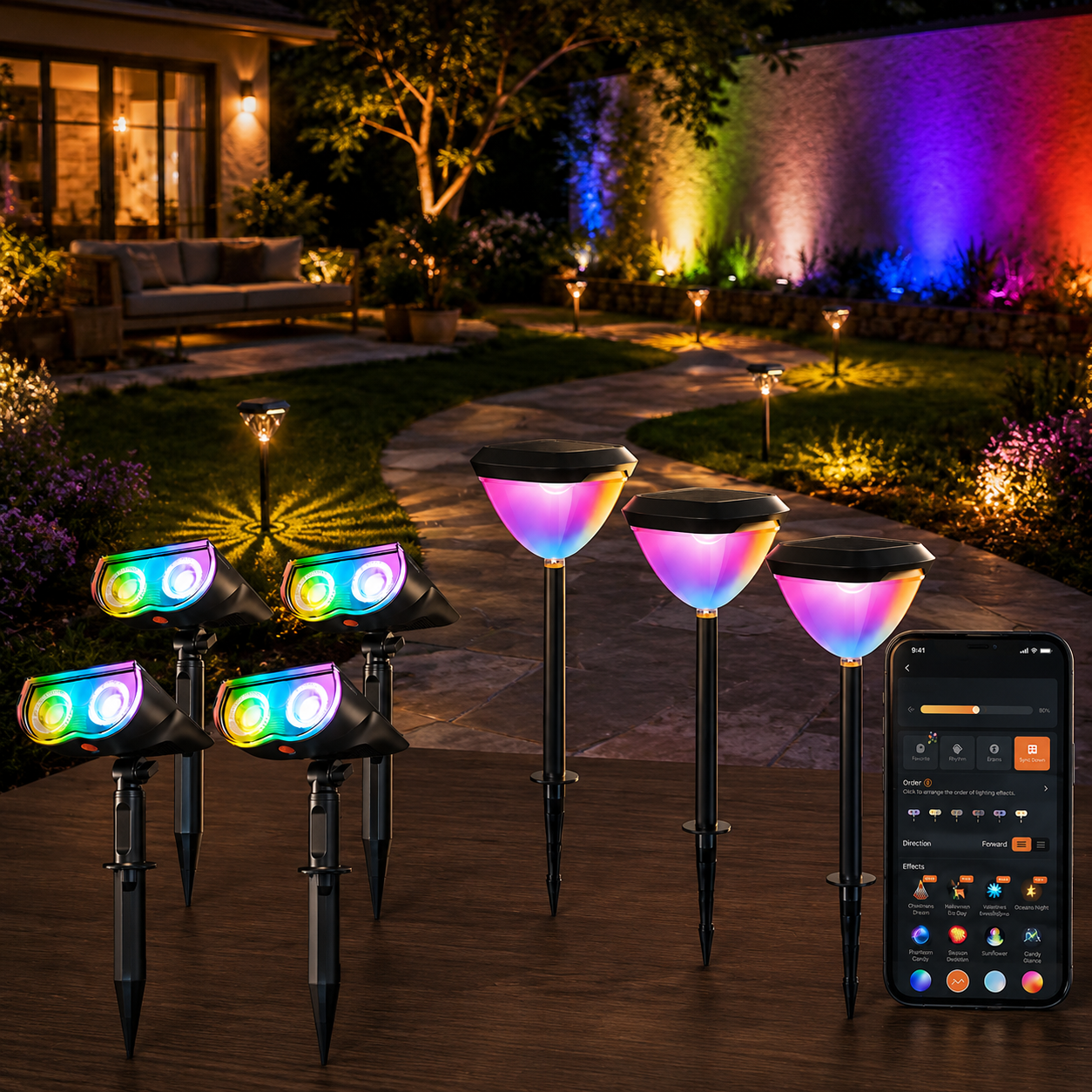 Pack Of 8 Smart Solar Landscape Halloween Themed RGB Spotlights And Pathlights With App Control And Color Modes