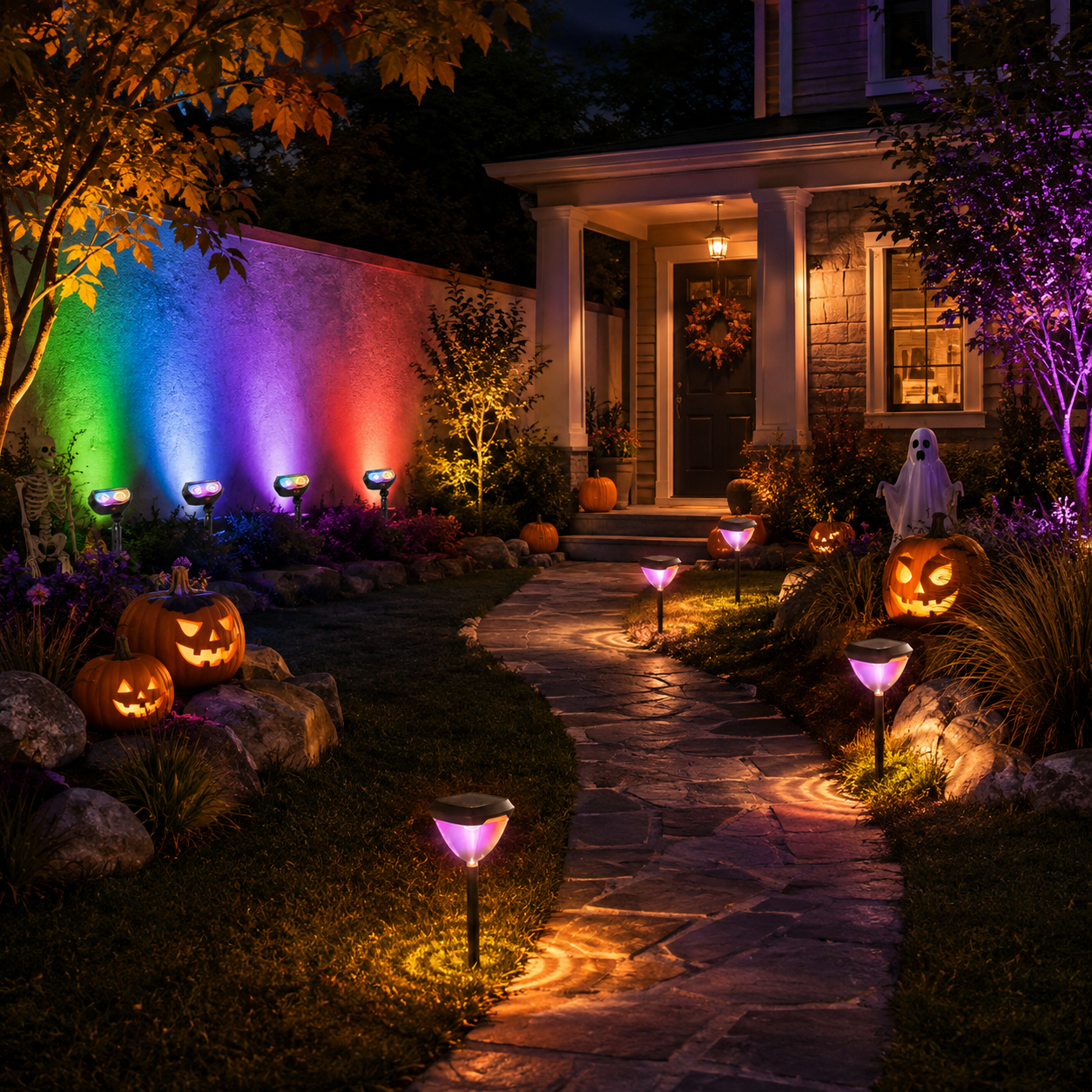 Pack Of 8 Smart Solar Landscape Halloween Themed RGB Spotlights And Pathlights With App Control And Color Modes