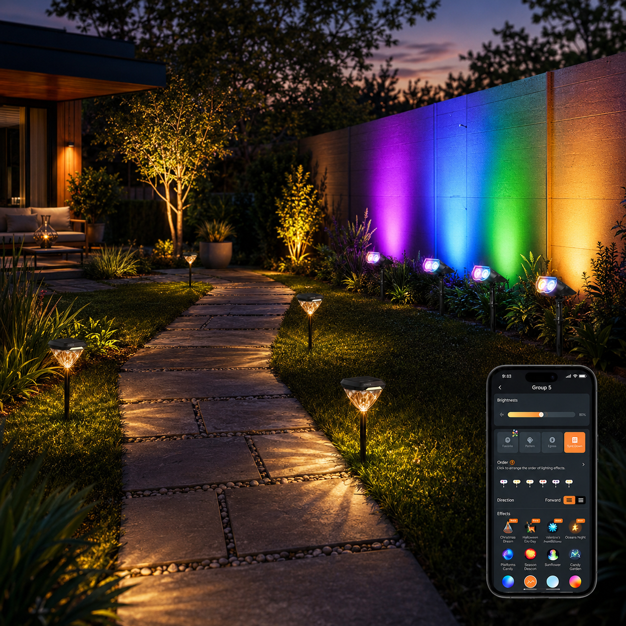 Pack Of 8 Smart Solar Landscape Halloween Themed RGB Spotlights And Pathlights With App Control And Color Modes