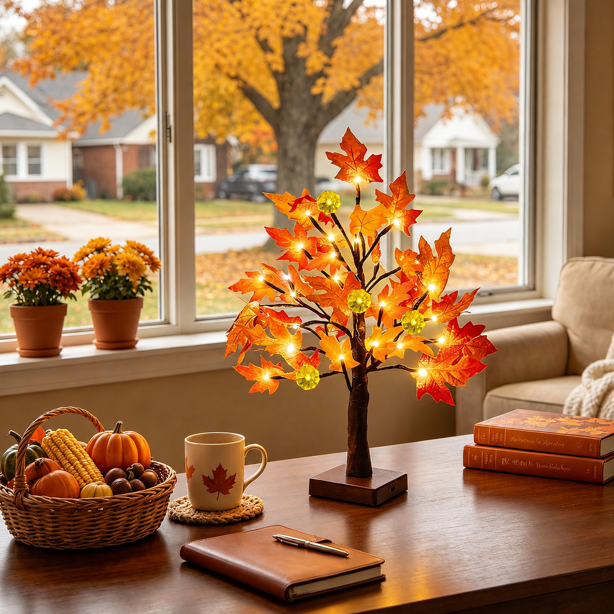 Prelit Fall Maple Tree With Pumpkin LED Lights And Timer For Table Decor