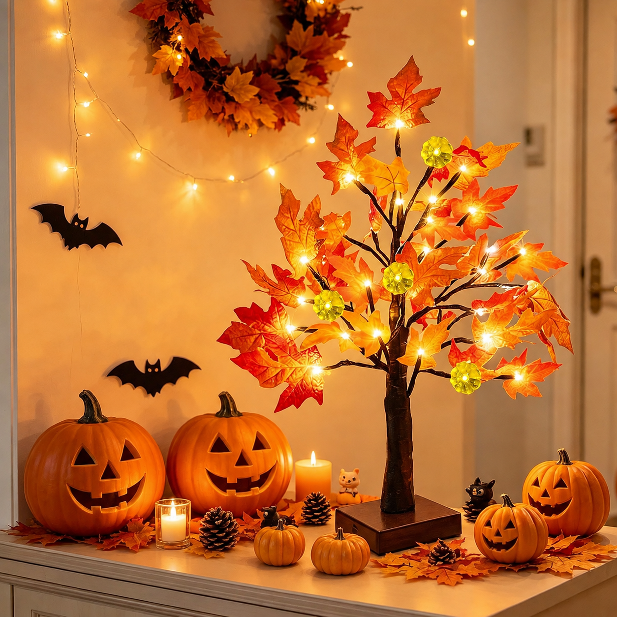 Prelit Fall Maple Tree With Pumpkin LED Lights And Timer For Table Decor