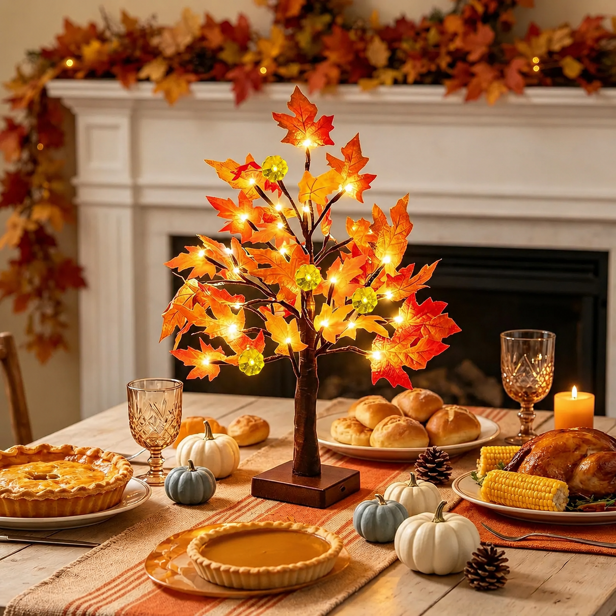 Prelit Fall Maple Tree With Pumpkin LED Lights And Timer For Table Decor