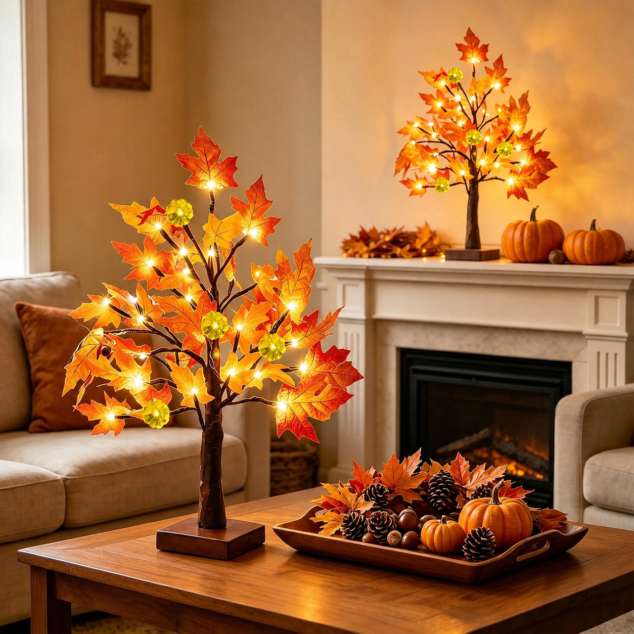 Prelit Fall Maple Tree With Pumpkin LED Lights And Timer For Table Decor