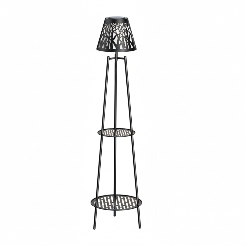 Solar Powered Outdoor Floor Lamp With 2 Tier Plant Stand