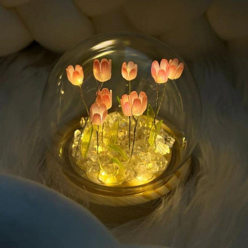 Glass Dome Tulip Lamp – Elegant Floral Night Light Decoration-Solar Wind LED Chime