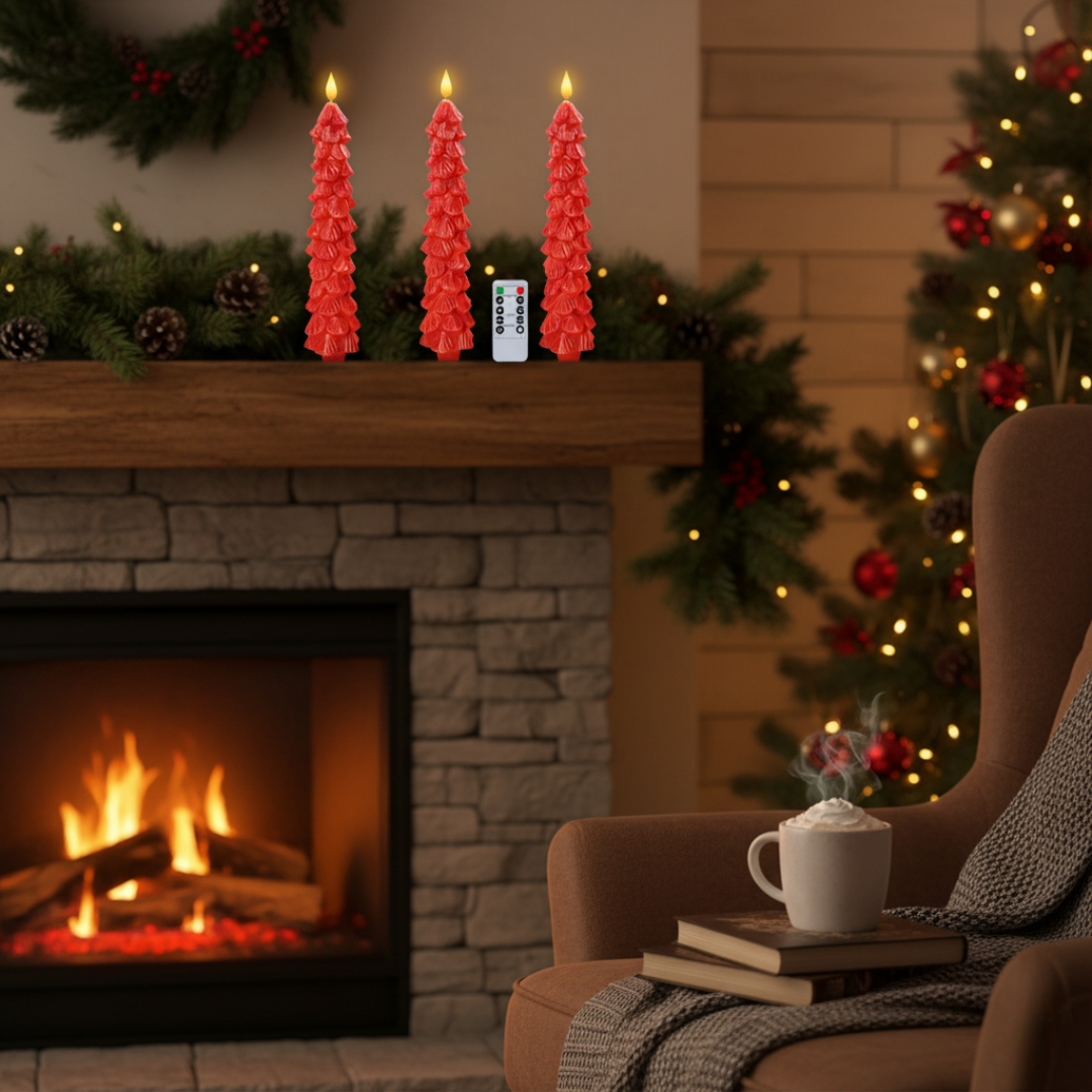 Pack Of 3 Christmas Tree Candles With Remote