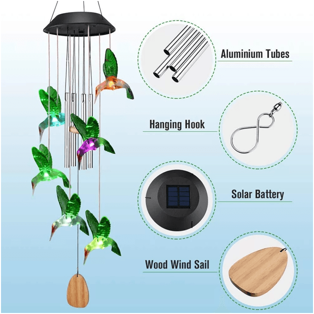LED Hummingbird Solar Wind Chime – Color Changing Outdoor Decor-Solar Wind LED Chime