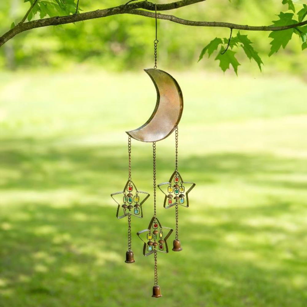 Moon and Stars Flamed Metal Wind Chime With Celestial Art-Solar Wind LED Chime