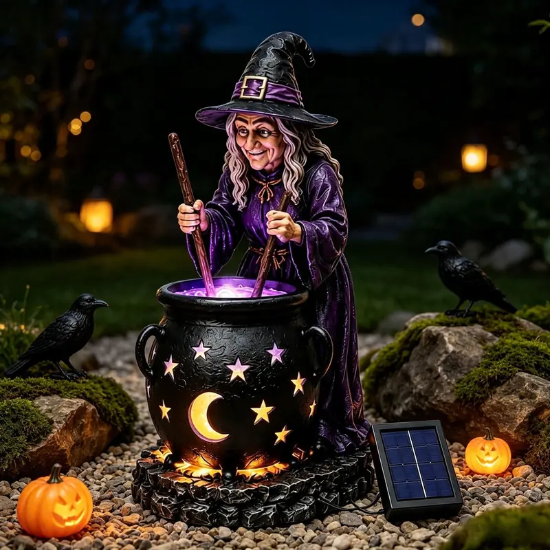 Solar Powered Cauldron Statue LED Light For Halloween Outdoor Decor