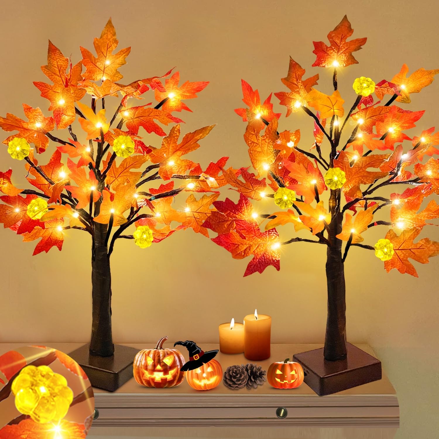 Prelit Fall Maple Tree With Pumpkin LED Lights And Timer For Table Decor