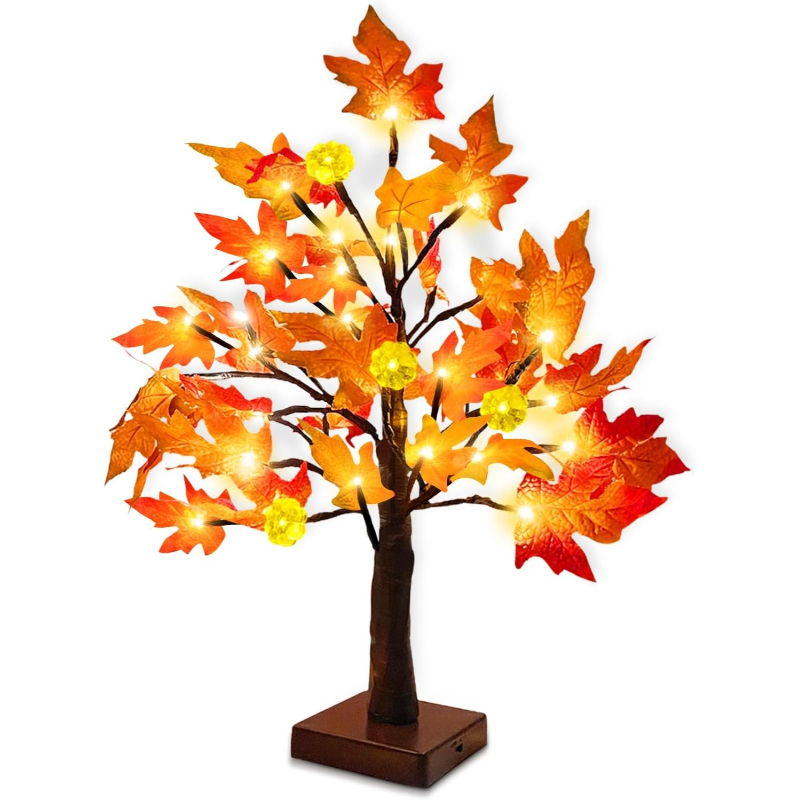 Prelit Fall Maple Tree With Pumpkin LED Lights And Timer For Table Decor