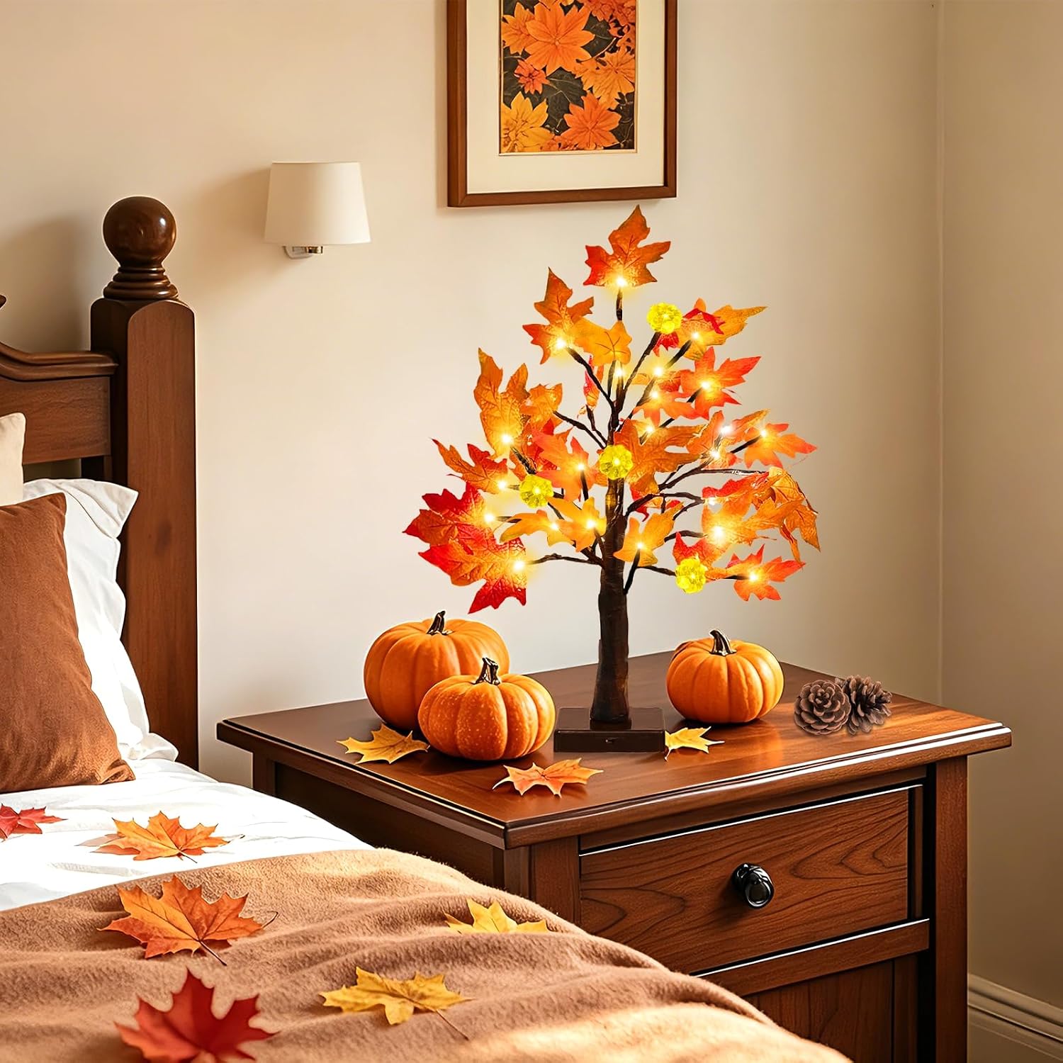 Prelit Fall Maple Tree With Pumpkin LED Lights And Timer For Table Decor