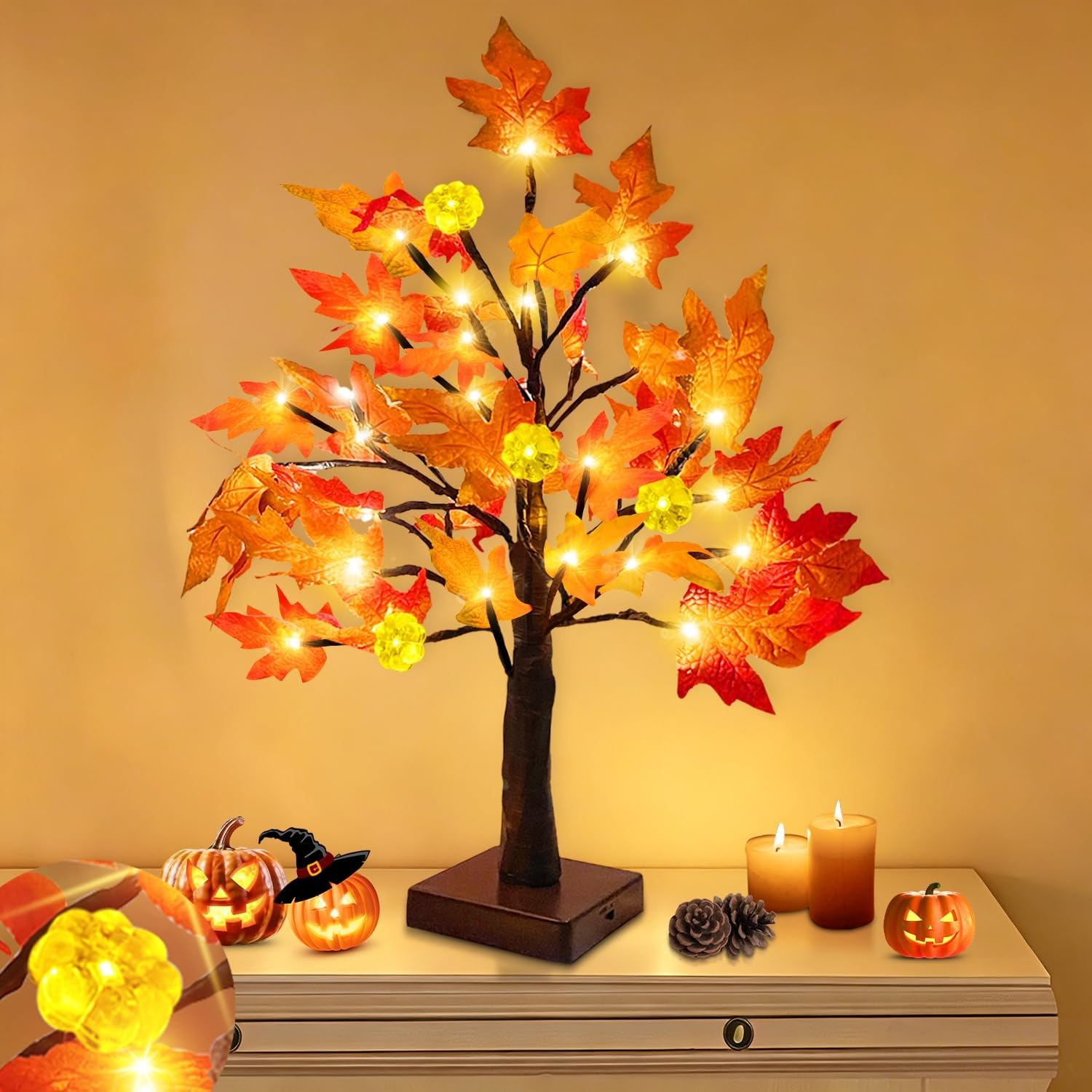 Prelit Fall Maple Tree With Pumpkin LED Lights And Timer For Table Decor