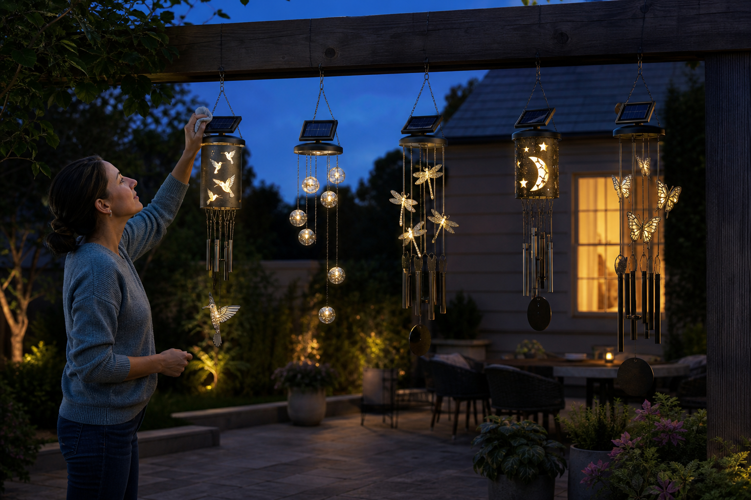 Five solar LED chime designs spaced along a pergola while one solar panel is wiped with a soft cloth
