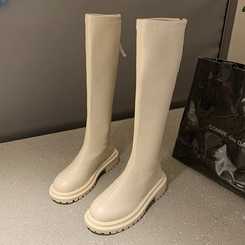 Leather Round Toe Long Boots-Soco Sands