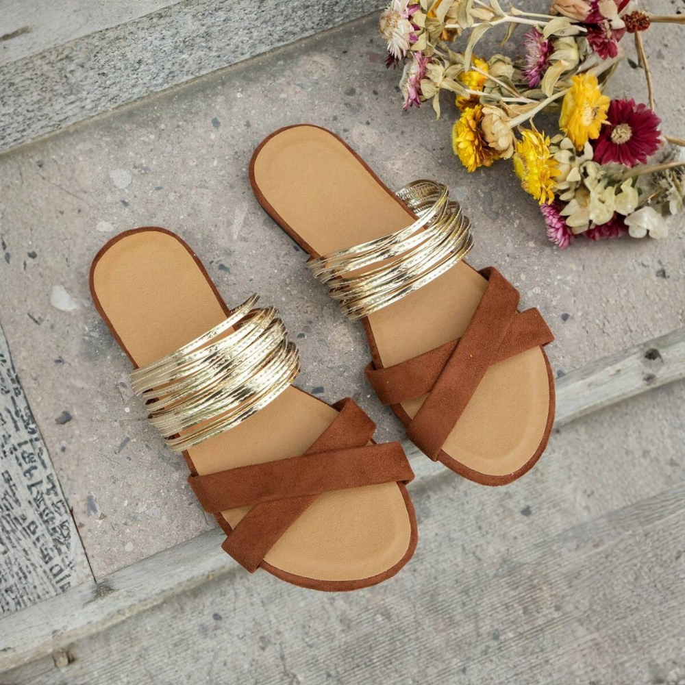 Metallic Multi Strap Casual Flat Sandals For Women