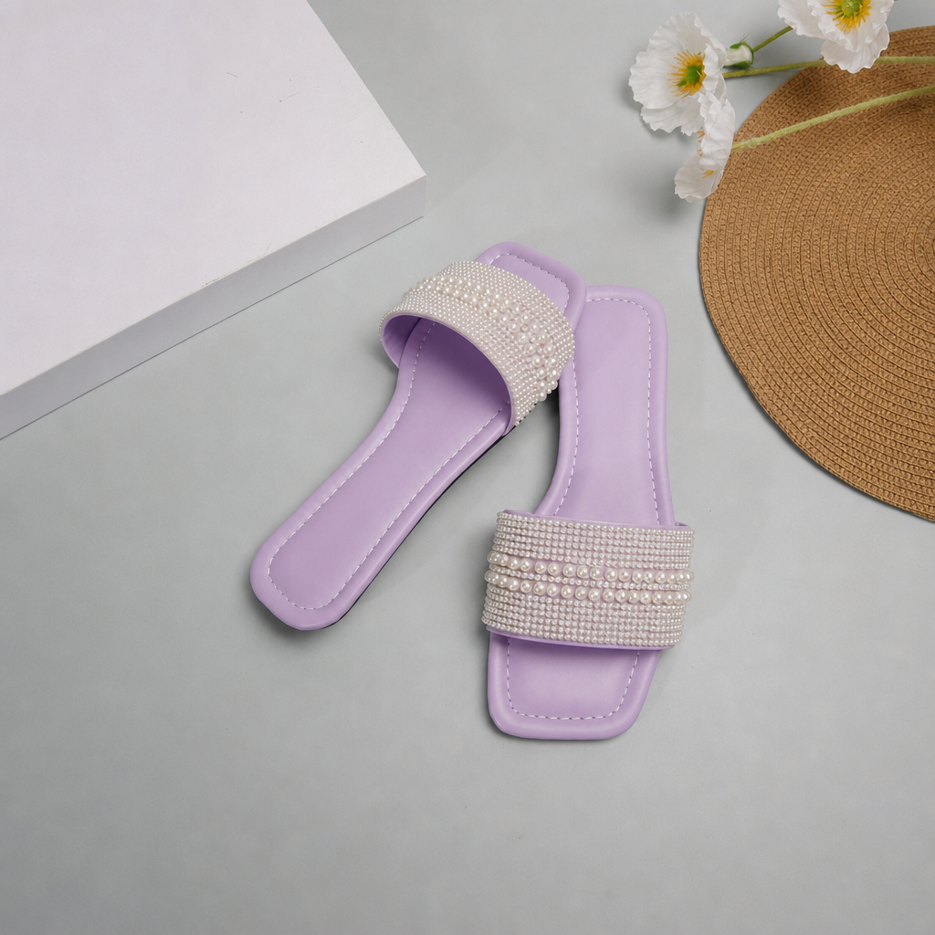 Pearl And Rhinestone Embellished Square Toe Slide Sandals for Women